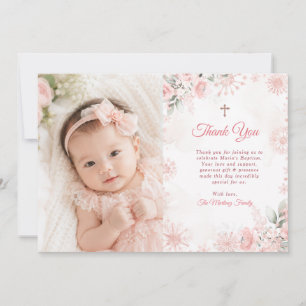 Pink Rose Gold Winter Floral Cross Girl Baptism Thank You Card