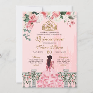 Pink Rose Golden Princess Fairytale Quinceañera Invitation