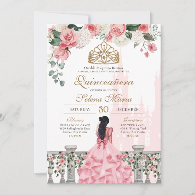 Pink Rose Golden Princess Fairytale Quinceañera Invitation (Front)