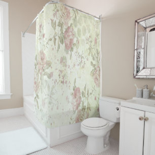 Pink Rose Green Floral Shabby Chic Cottage Core Shower Curtain