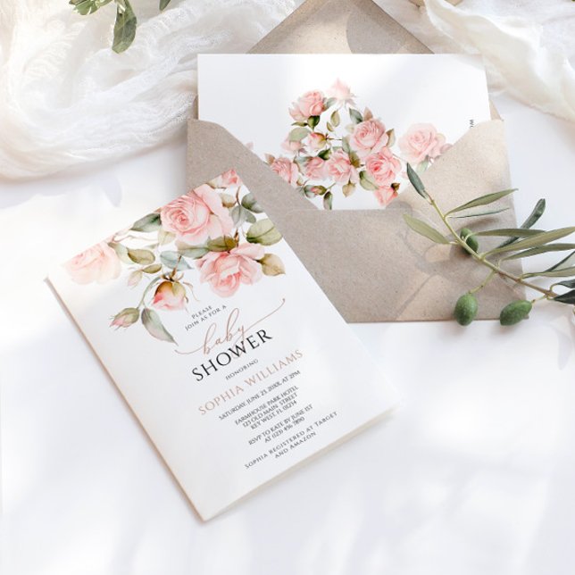 Pink Rose & Greenery Leaves Baby Shower Invitation (Creator Uploaded)