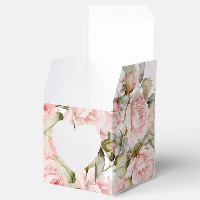 Pink Rose & Greenery Leaves Wedding Heart Favour Box (Opened)