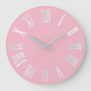Pink Rose Grey Metallic Silver Roman Numbers Large Clock