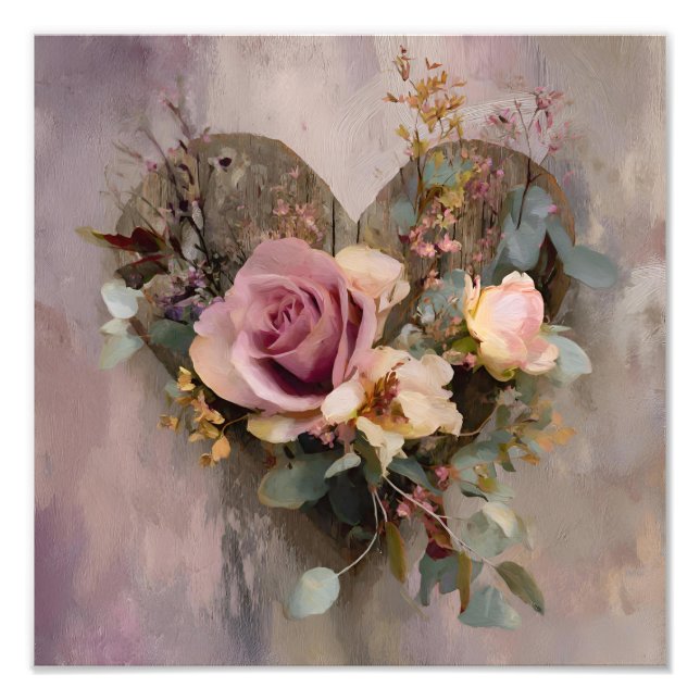 Pink Rose Heart Floral Painterly Botanica Photo Print (Front)