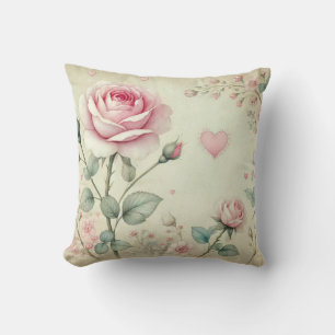 Pink rose heart floral vintage pastel watercolor cushion