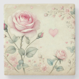 Pink rose heart floral vintage pastel watercolor stone coaster