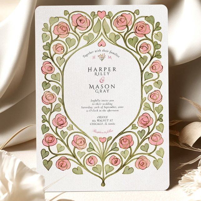 Pink Rose & Heart Vine Wedding Invitation (Creator Uploaded)