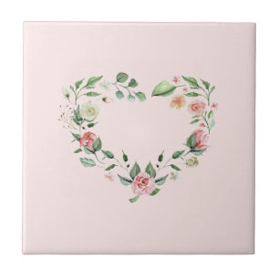 Pink Rose Heart Wreath Custom Background Ceramic Tile