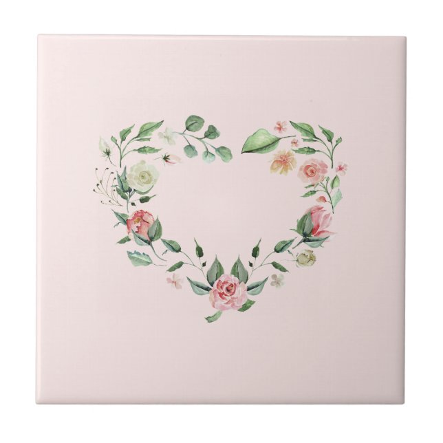 Pink Rose Heart Wreath Custom Background Ceramic Tile (Front)
