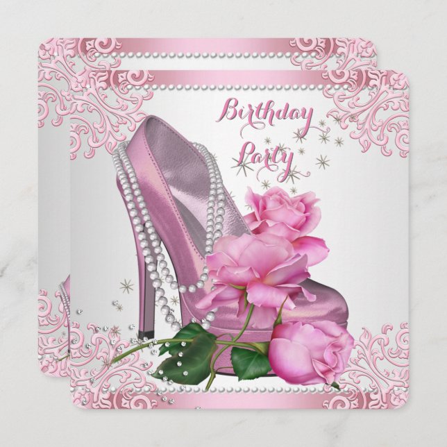 Pink Rose High Heel Lace Pearls Birthday Party Invitation (Front/Back)
