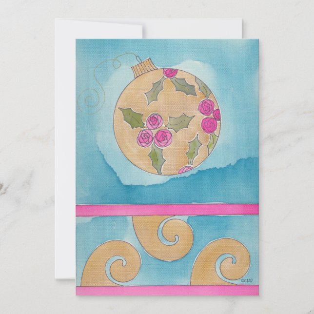 Pink Rose & Holly Ornament - Flat Christmas Card (Front)