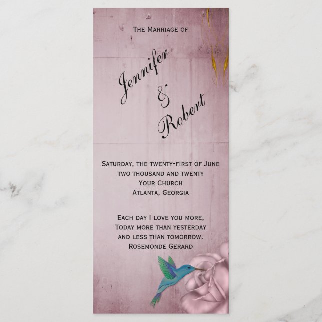 Pink Rose Hummingbird Wedding Program (Front)