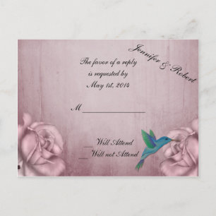 Pink Rose Hummingbird Wedding RSVP Invitation Postcard