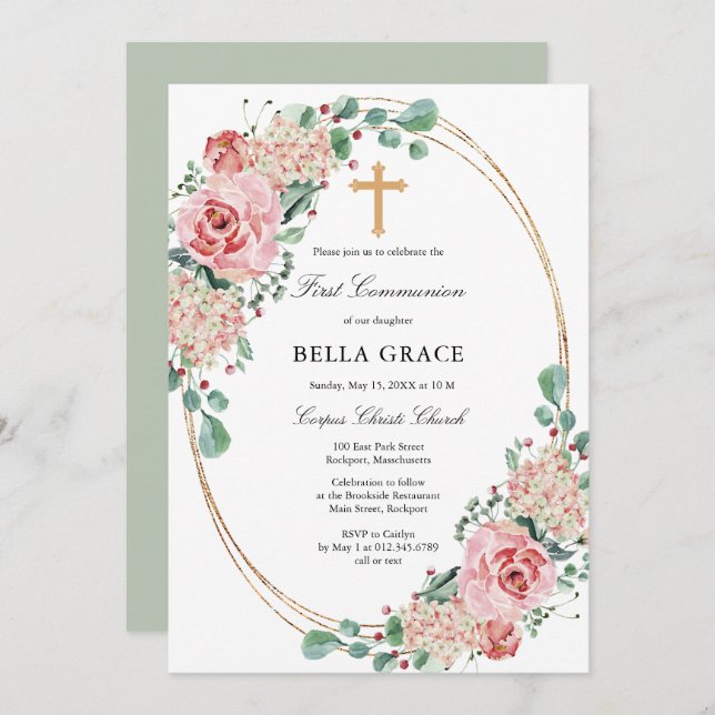 Pink Rose Hydrangea First Holy Communion Invitation (Front/Back)
