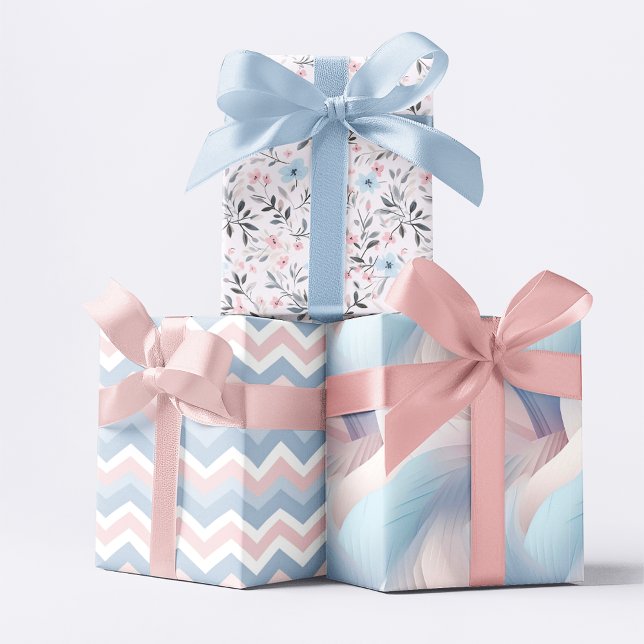 Pink Rose Ice Blue and White Pattern Wrapping Paper Sheet (Creator Uploaded)
