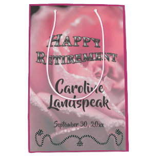 Pink Rose in Bloom Silver frame Happy Retirement Medium Gift Bag