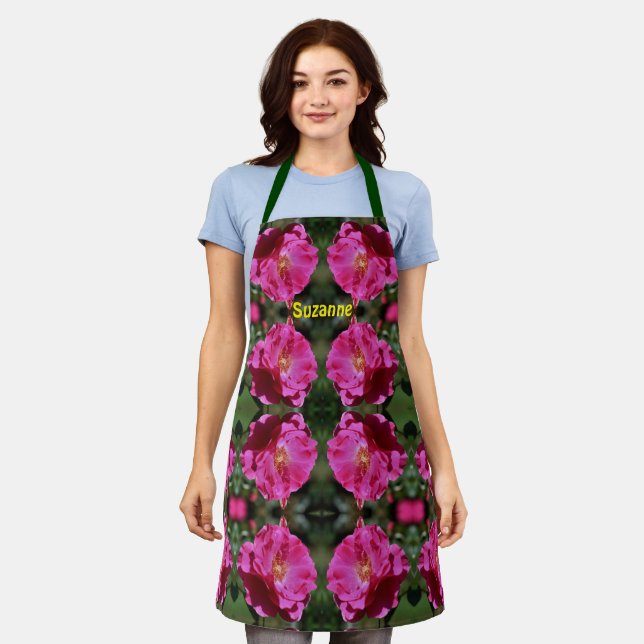 Pink Rose In Full Bloom Pattern Personalised Apron (Worn)