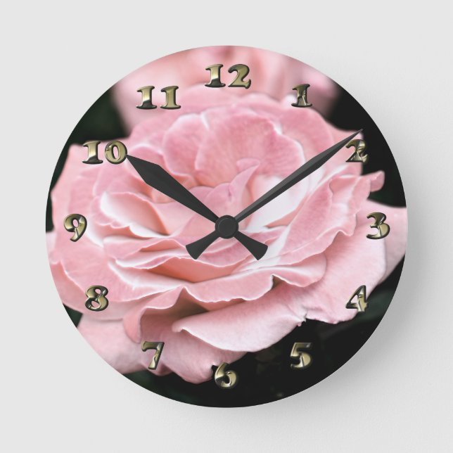 Pink Rose in Full Bloom Round Clock (Front)