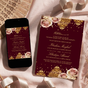 Pink Rose Islamic Motif Burgundy Muslim Wedding Invitation
