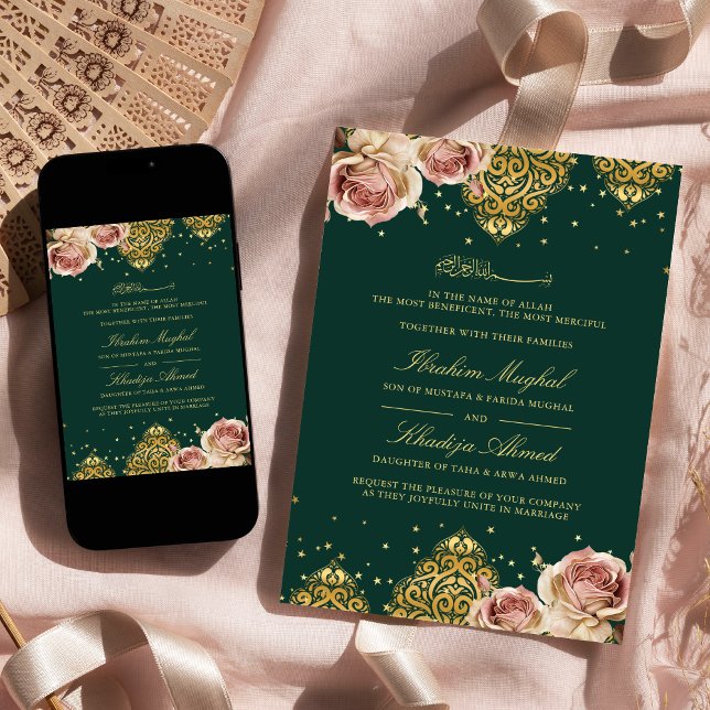 Pink Rose Islamic Motif Emerald Muslim Wedding Invitation (Creator Uploaded)