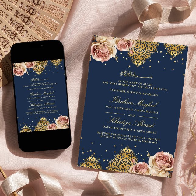Pink Rose Islamic Motif Navy Blue Muslim Wedding Invitation (Creator Uploaded)