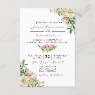 Pink Rose Ivory Creamy Gold Floral Roses Wedding Invitation