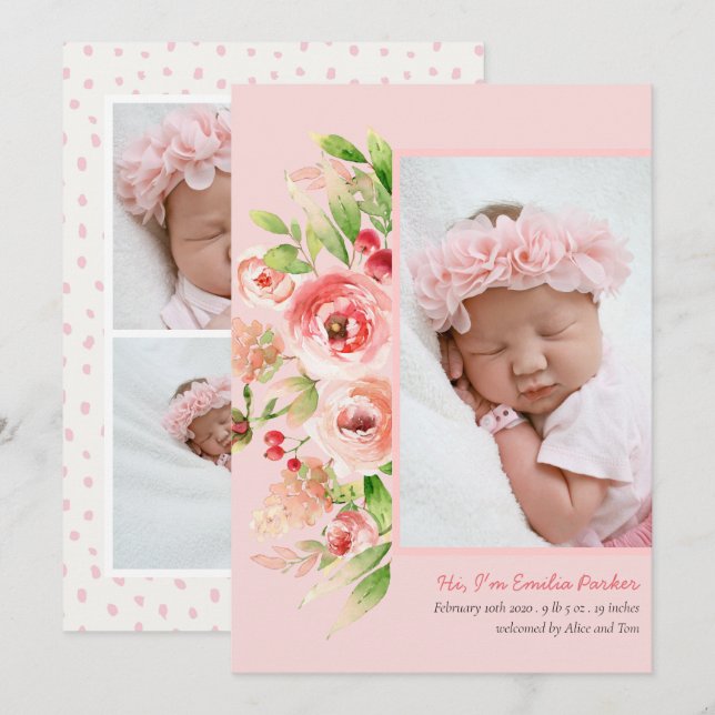 Pink Rose Lavender | Modern Elegant Floral Birth Announcement (Front/Back)