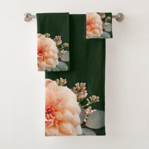 Pink Rose Lilac Buds On Dark Green Background Bath Towel Set