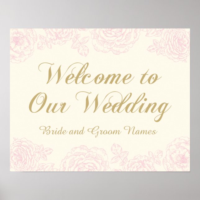 Pink Rose Line Art Ivory Wedding Welcome Poster (Front)