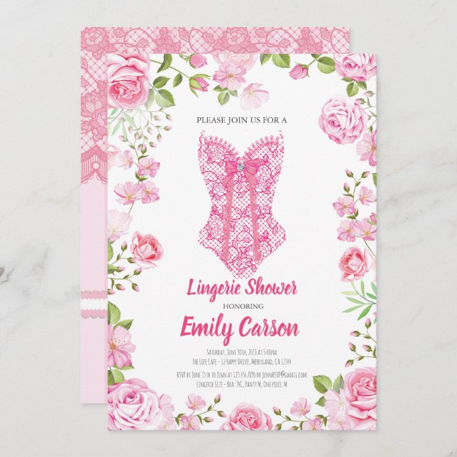 Pink rose lingerie shower. Elegant bridal party Invitation (Front/Back)