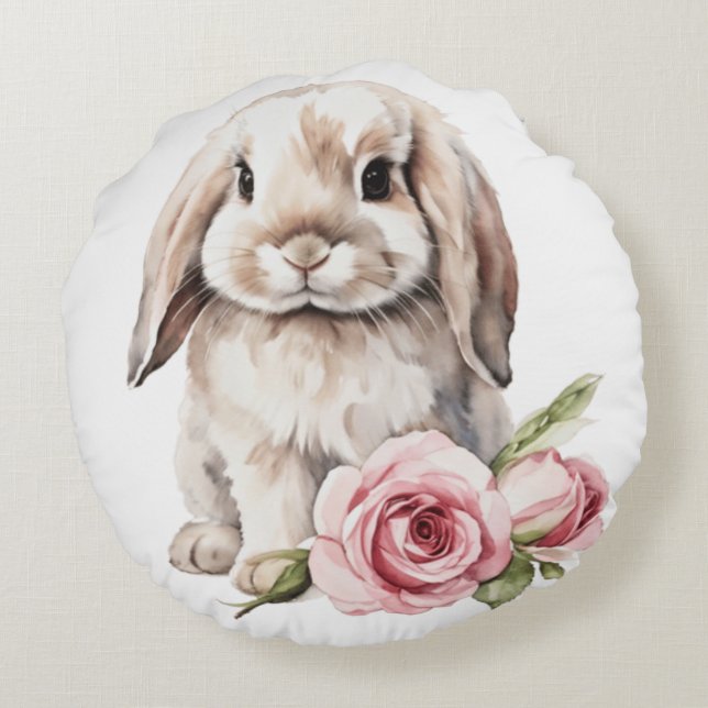 Pink rose Lop Eared Bunny Rabbit Round Cushion (Back)