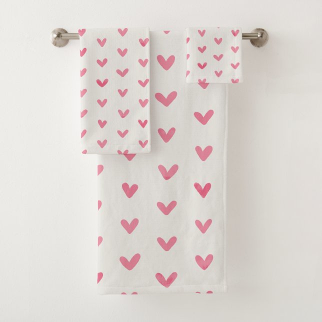 Pink Rose Love Hearts Pattern on Offwhite Bath Towel Set (Insitu)