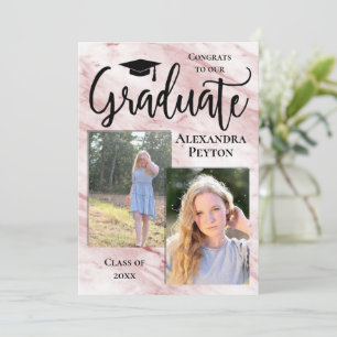 Pink Rose Marble Script 2 Photo Graduation Invitation