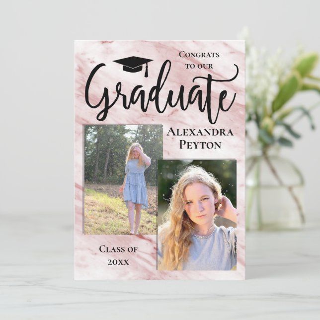 Pink Rose Marble Script 2 Photo Graduation Invitation (Standing Front)