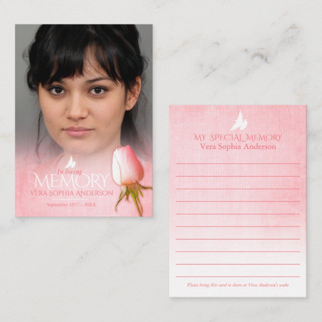 Pink rose memory card for memorials and funeral (Front/Back)