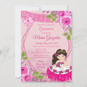 Pink Rose Mexican Charra Quinceanera Invitation