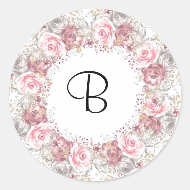 Pink Rose Monogram Classic Round Sticker (Front)