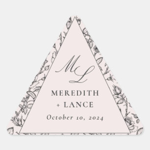 Pink Rose Monogram Wedding Triangle Sticker Labels