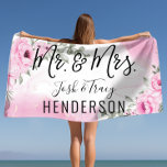 Pink Rose Mr. & Mrs. Wedding or Anniversary Gift Beach Towel<br><div class="desc">Make a statement at the pool or the beach with our wide selection of super cute customisable beach towels. We have elegant,  classy also fun and playful full print designs.

Just Married,  Wedding Props,  Wedding Photo Props,  Wedding Decoration,  Newly Weds,  Wedding Reception,  Honeymoon,  Personalised Wedding Engagement Bridal Shower.</div>