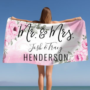 Pink Rose Mr. & Mrs. Wedding or Anniversary Gift Beach Towel