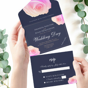 Pink Rose Navy Blue Floral Wedding All In One Invitation