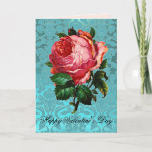 PINK ROSE ON AQUA BLUE DAMASK Valentine's Day Holiday Card
