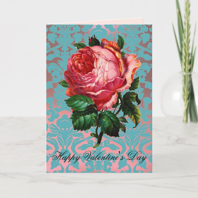 PINK ROSE ON AQUA BLUE DAMASK Valentine's Day Holiday Card (Front)