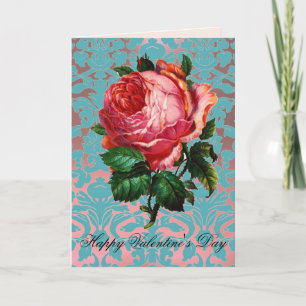 PINK ROSE ON AQUA BLUE DAMASK Valentine's Day Holiday Card