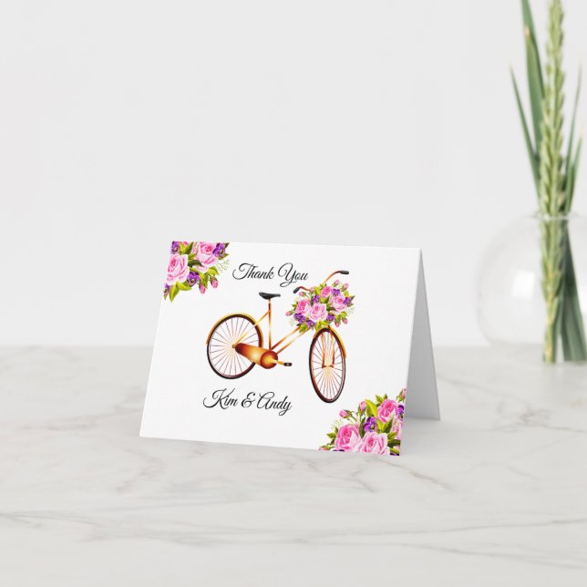 Pink Rose On Bicycle Thank You Card (Front)