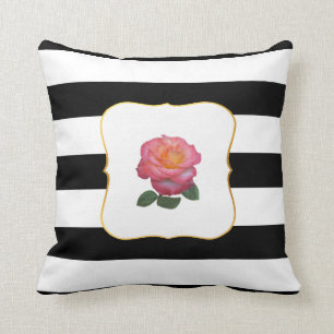 Pink Rose on Black and White Striped Cushion