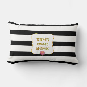 Pink Rose on Black and White Striped Lumbar Cushion