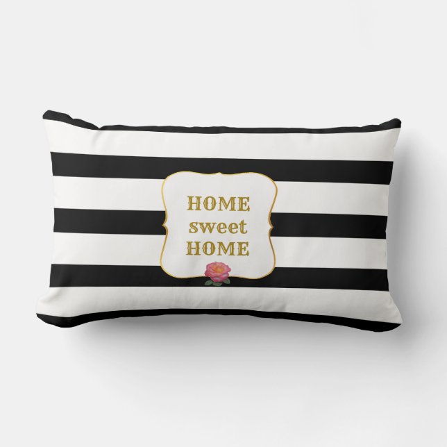 Pink Rose on Black and White Striped Lumbar Cushion (Front)