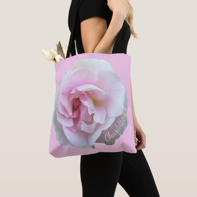 Pink Rose on Light Pink Personalised Tote Bag (Close Up)
