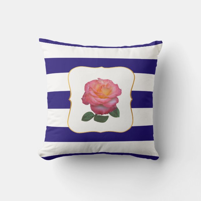 Pink Rose on Navy Blue and White Striped Cushion (Front)